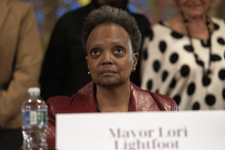 FILE - Chicago Mayor Lori Lightfoot participates in a forum with other Chicago mayoral candidates hosted by the Chicago Women Take Action Alliance Jan. 14, 2023, at the Chicago Temple in Chicago. Lightfoot is fighting for reelection Tuesday after a history-making but tumultuous four years in office and a bruising campaign threaten to make her the city's first one-term mayor in decades. (AP Photo/Erin Hooley, File)