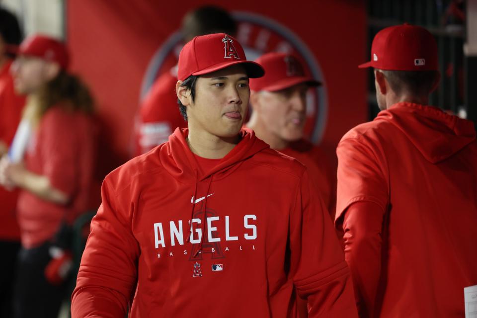 Los Angeles Angels two-way player Shohei Ohtani in the dugout during the game against the Oakland Athletics at Angel Stadium.