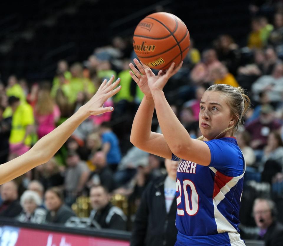 Warner's Sophia Hoeft puts up a 3-pointer against James Valley Christian during the seventh-place game of the state Class B girls basketball tournament on Saturday, March 9, 2024 in the Summit Arena at The Monument in Rapid City.