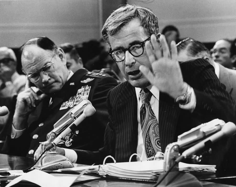 Secretary of Defense Harold Brown and Chairman of The Joint Chiefs of Staff General George S. Brown testifies on Capitol Hill on a defense budget in 1977. <em>Department of Defense Archive </em>