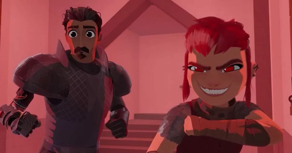 A screenshot from Nimona which is now available on YouTube. It shows the animated characters Ballister and Nimona standing by side by side, posing as if they are ready to fight. They stand in front of a pink background.