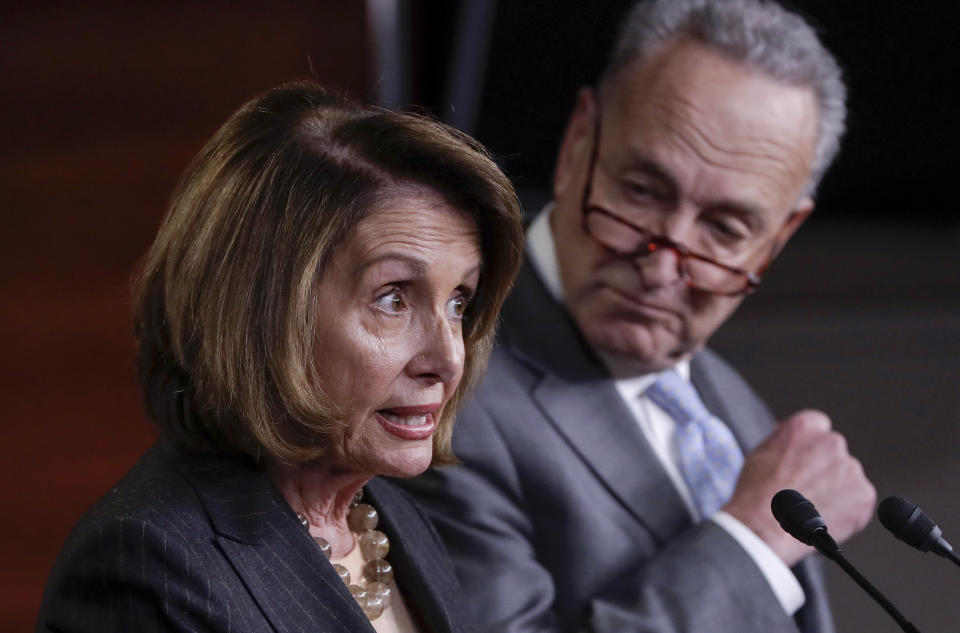 House Minority Leader Nancy Pelosi, D-Calif., joined at right by Senate Minority Leader Chuck Schumer, D-N.Y., holds a news conference on Capitol Hill to respond to the Republican tax reform plan in Washington, Thursday, Nov. 2, 2017. (AP Photo/J. Scott Applewhite)