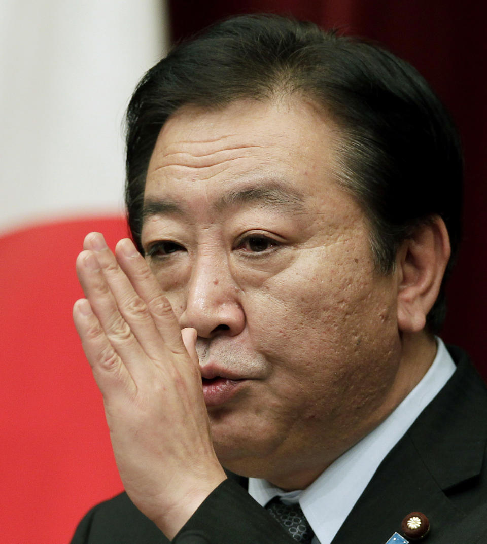 Japan's Prime Minister Yoshihiko Noda speaks during a press conference at his official residence in Tokyo, Friday, March 30, 2012. Japanese Prime Minister Noda vowed to stake his political career to achieve the sales tax increase Friday as his Cabinet endorsed a legislation to help counter the country's fiscal deficit. (AP Photo/Shizuo Kambayashi)