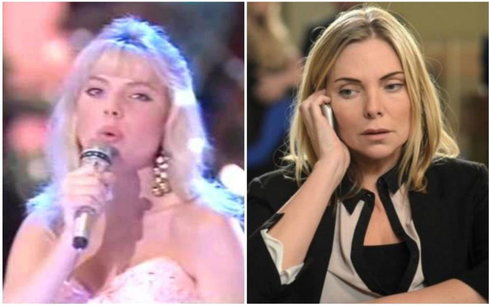 Samantha Janus in Eurovision (left) and as Ronnie Mitchell in EastEnders - BBC