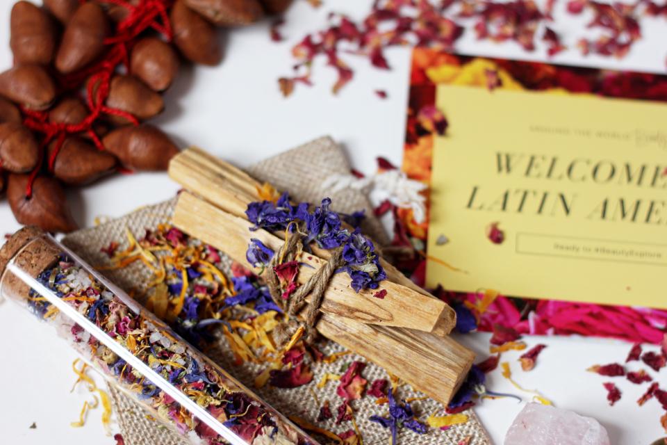 The Latin American Beauty Rituals Box includes a baño de flor (herbal flower bath), rose quartz, three Palo Santos sticks wrapped with rose petals and bath salt sourced from salty spring waters beneath the Andes.  