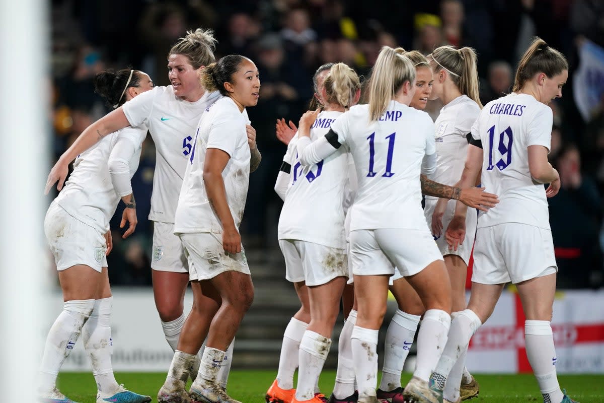 England’s Lauren James (third left) celebrates with team-mates (Mike Egerton/PA) (PA Wire)