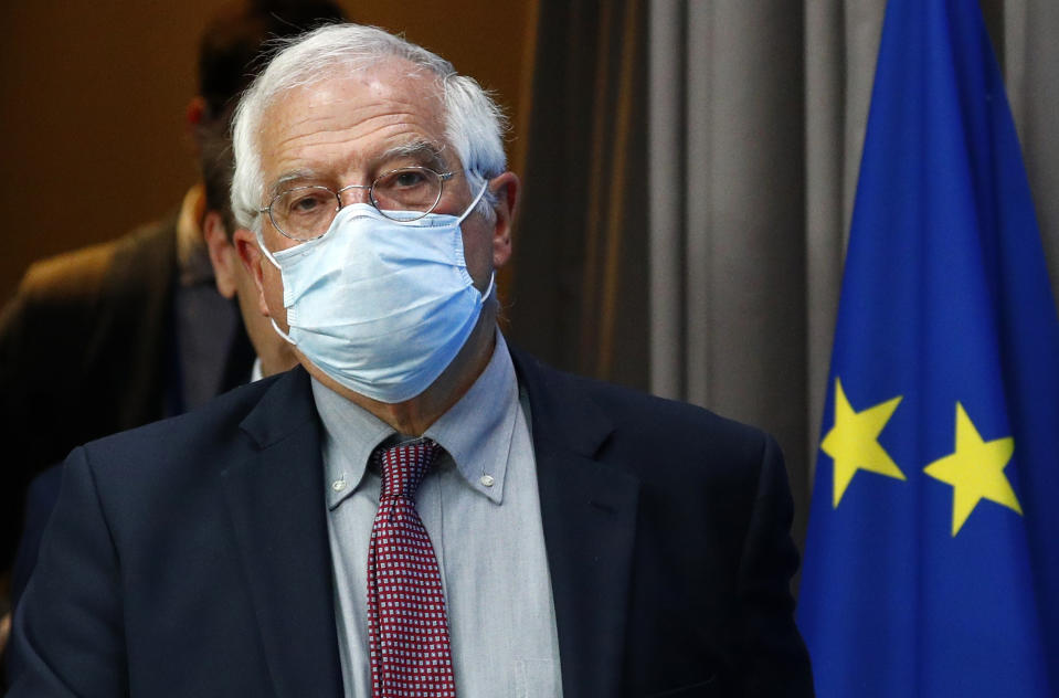 European Union foreign policy chief Josep Borrell arrives for a media conference after a meeting of EU foreign ministers at the European Council building in Brussels, Monday, July 13, 2020. European Union foreign ministers met for the first time face-to-face since the pandemic lockdown and will assess their discuss their relations with China and Turkey. (Francois Lenoir, Pool Photo via AP)