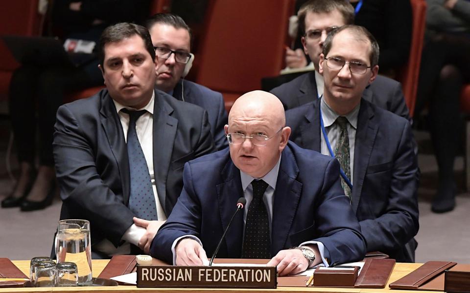 Russia's U.N. Ambassador Vasily Nebenzya speaks during a U.N Security Council meeting  - The United Nations