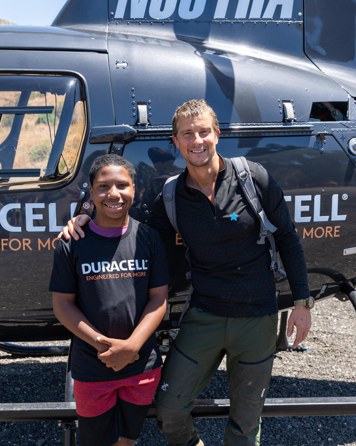 Grylls with Cameron, a boy whose Make-A-Wish Foundation dream was to go on an adventure with the 48-year-old survivalist. (Photo: Duracell)