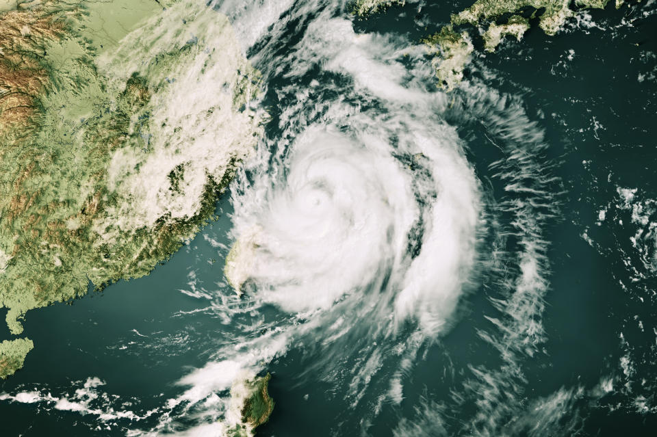 3D Render of a Topographic Map of the Philippine Sea with the clouds from September 04, 2022. 
Typhoon Hinnamnor northeast of Taiwan.
All source data is in the public domain.
Cloud texture: Global Imagery Browse Services (GIBS) courtesy of NASA, HIMAWARI-8 data courtesy of NOAA.
https://www.earthdata.nasa.gov/eosdis/science-system-description/eosdis-components/gibs
Color texture: Made with Natural Earth.
http://www.naturalearthdata.com/downloads/10m-raster-data/10m-cross-blend-hypso/
Relief texture: GMTED 2010 data courtesy of USGS. URL of source image:
https://topotools.cr.usgs.gov/gmted_viewer/viewer.htm
Water texture: SRTM Water Body SWDB: https://dds.cr.usgs.gov/srtm/version2_1/SWBD/