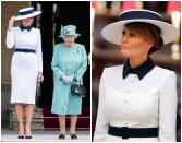 Para su primer encuentro con la reina Isabel II, escogió un elegante vestido blanco de Dolce & Gabbana con cuello y cinturón azul marino, que combinó con un sombrero a juego creado en exclusiva para la ocasión por Hervé Pierre. (Foto: Max Mumby / Getty Images / Samir Hussein / WireImage / Getty Images).