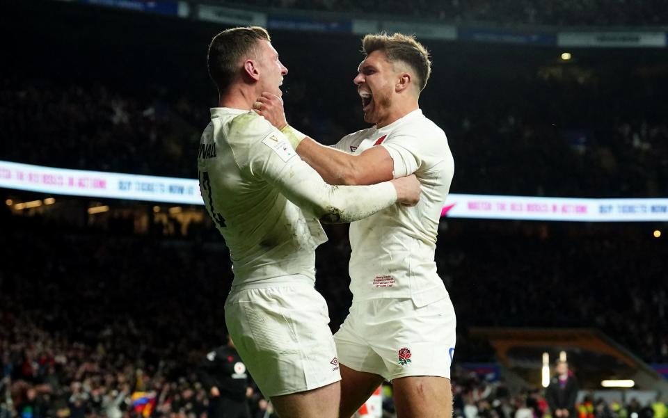 Henry Slade and Fraser Dingwall celebrate an England try against Wales