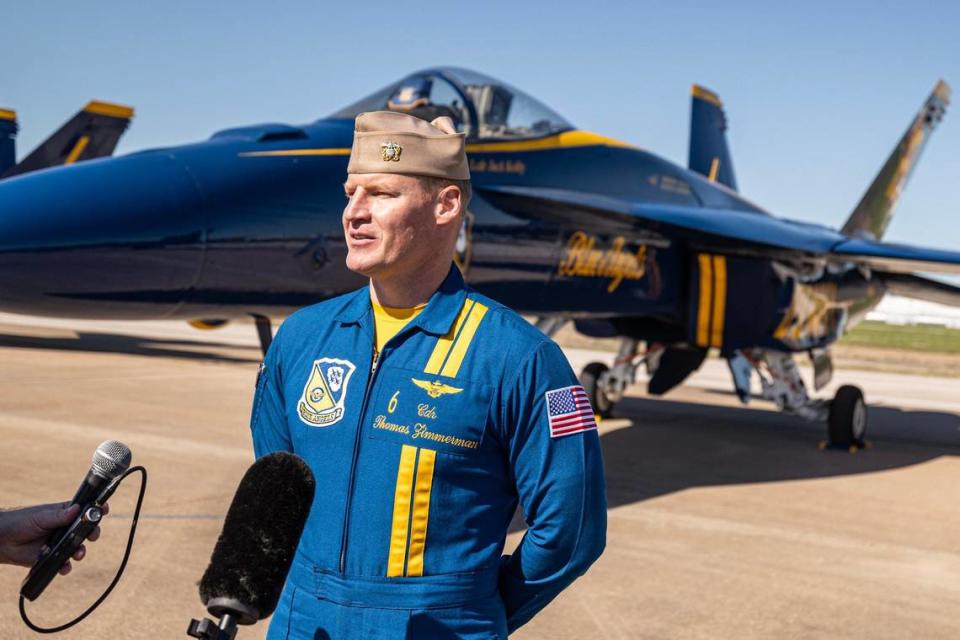 Cdr. Thomas Zimmerman speaks with the media about flying in the ‘Wings over Cowtown’ Blue Angels airshow at the Naval Air Station Joint Reserve Base in Fort Worth on Thursday, April 11, 2024. Chris Torres/ctorres@star-telegram.com