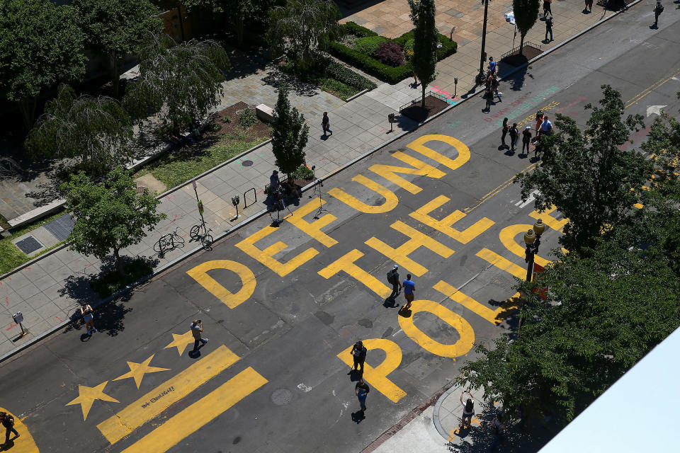 “Defund The Police” was painted on the street near the White House in Washington, D.C.<span class="copyright">Tasos Katopodis—Getty Images</span>