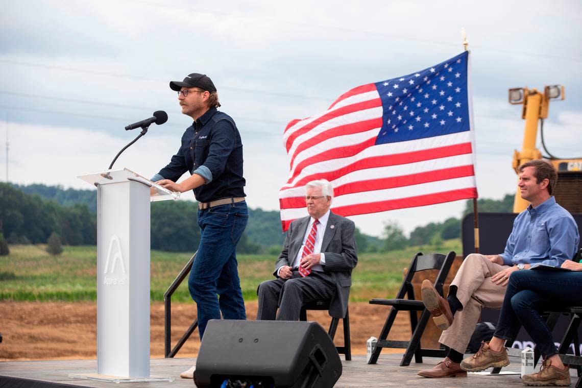 AppHarvest CEO Jonathan Webb speak during a ceremony at the site of the company’s new greenhouse facility near Somerset, Ky., Monday, June 21, 2021. The company announced that facility and another in Morehead. The two greenhouses are part of AppHarvest’s goal to have 12 indoor farms by the end of 2025.