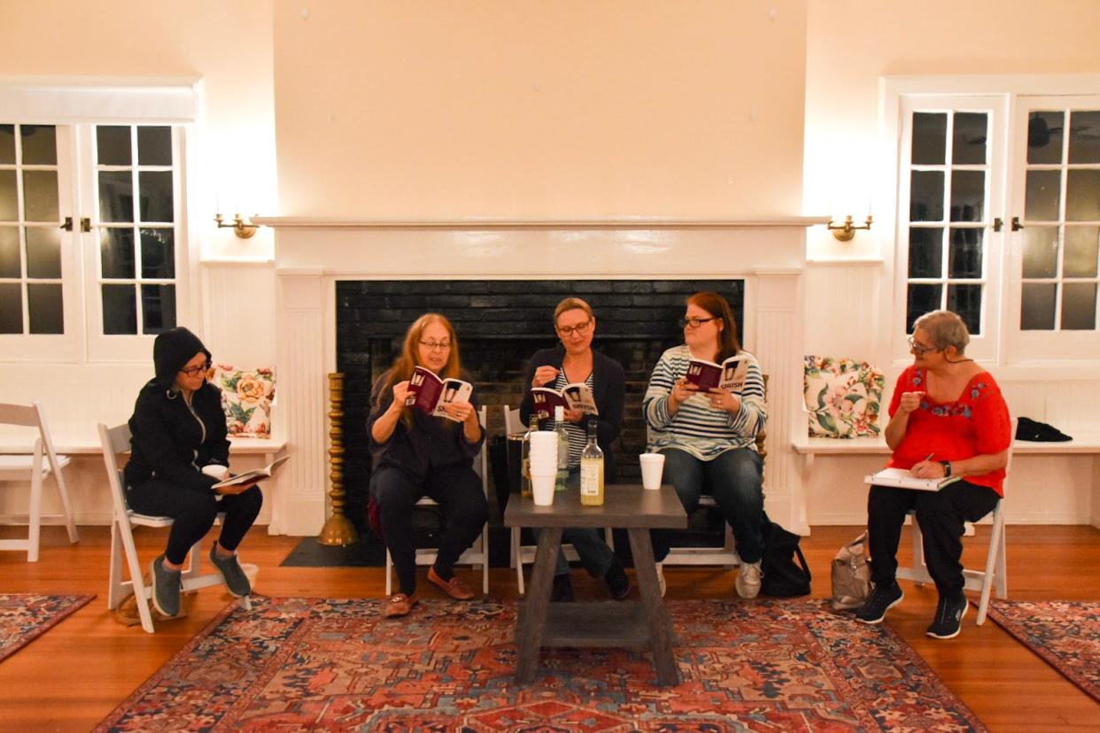 photos show three views of rehearsal in the Jubilee Cottage of Goodwood Museum & Gardens:

Jessica Katz as Clare, Tahirih Lee as Marie, Erika Stone as Ursula, Tiffany Underwood as Breda, and Marlene DuBois as Irene in the Irish Repertory Theater production of "Shush," opening at Goodwood Museum on May 2, 2024.