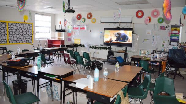 PHOTO: Inside room 106, where students were watching a movie moments before the shooter entered Robb Elementary. (Obtained by ABC News from Texas Dept. of Public Safety Investigative File)