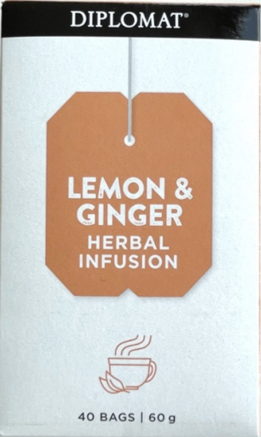 The label of Aldi's Diplomat brand of Lemon and Ginger tea.