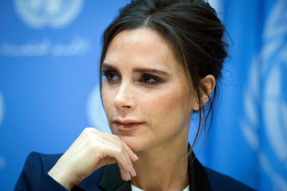 Fashion Designer Victoria Beckham speaks during a news conference after she is named an United Nation's Goodwill Ambassador during the 69th U.N. General Assembly at U.N. headquarters, Thursday, Sept. 25, 2014. (AP Photo/John Minchillo)
