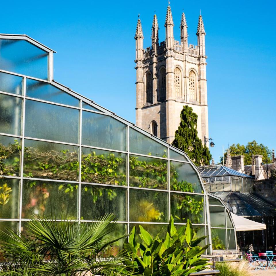 Greenhouse and Magdalen Tower, University of Oxford Botanic Garden, Oxford, Oxfordshire, England, UK.