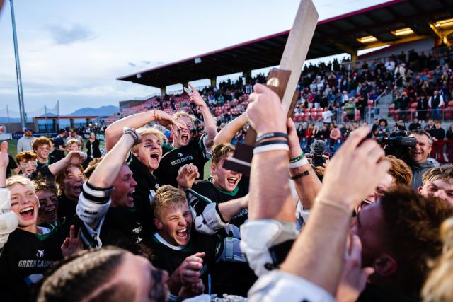 Green Canyon celebrates after winning the 4A boys lacrosse championships at Zions Bank Stadium in Herriman on May 26, 2023. | Ryan Sun, Deseret News