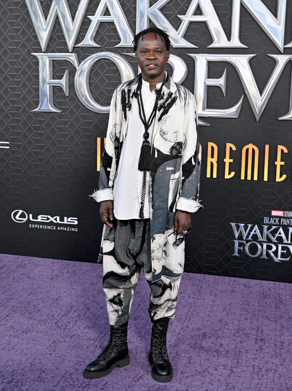 Baaba wore a graphic-printed jacket and pants and combat boots