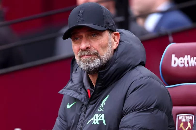 Jurgen Klopp looks on during the Premier League match between West Ham United and Liverpool FC at London Stadium.
