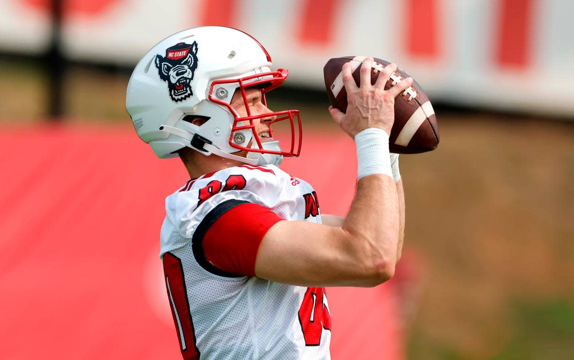 N.C. State wide receiver Bradley Rozner (80) pulls in a pass during the Wolfpack’s first fall practice in Raleigh, N.C., Wednesday, August 2, 2023. Ethan Hyman/ehyman@newsobserver.com