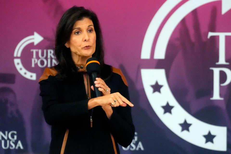 Former U.N. Ambassador and former South Carolina Gov. Nikki Haley speaks during an event sponsored by Turning Point USA at Clemson University on Tuesday, Nov. 29, 2022, in Clemson, S.C. (AP Photo/Meg Kinnard)