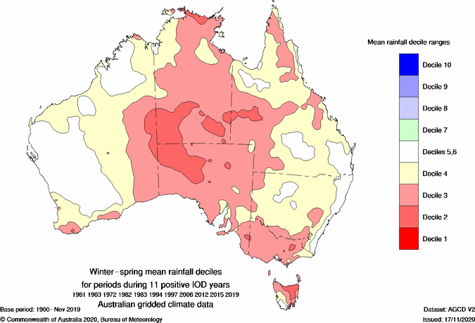 The typical winter and spring rainfall over Australia during positive IODs. Source: BoM 