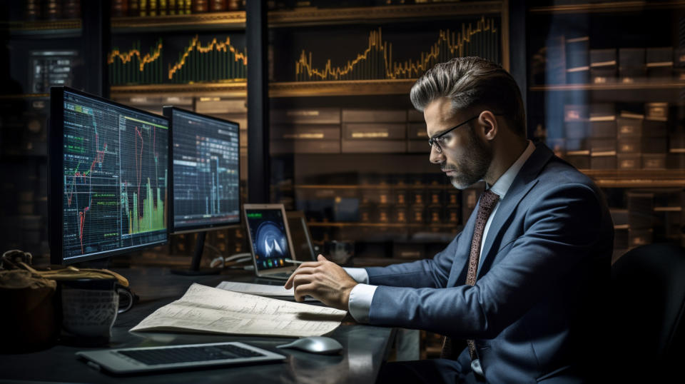 A professional broker in a suit and tie working behind a trading desk.