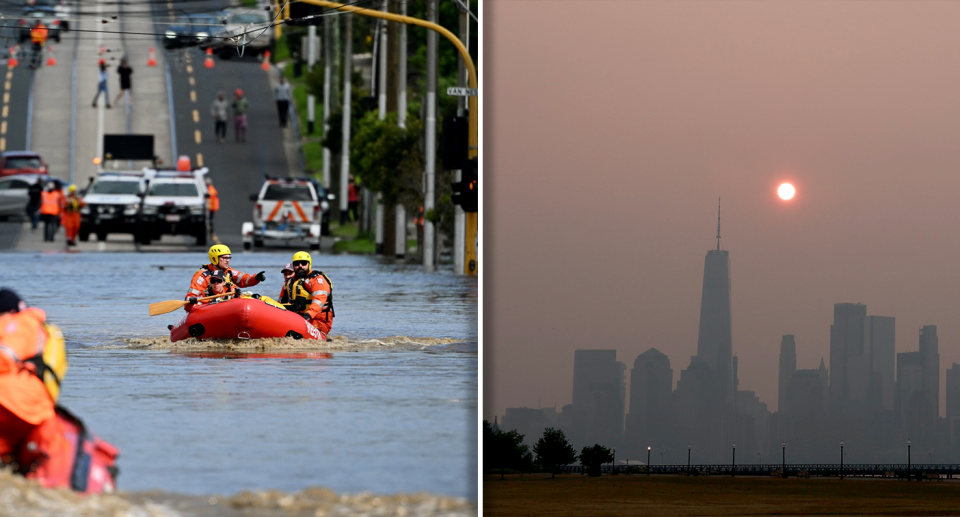 Melbourne (left) flooded with people on boats in the street. New York City (right) blanketed in smoke.