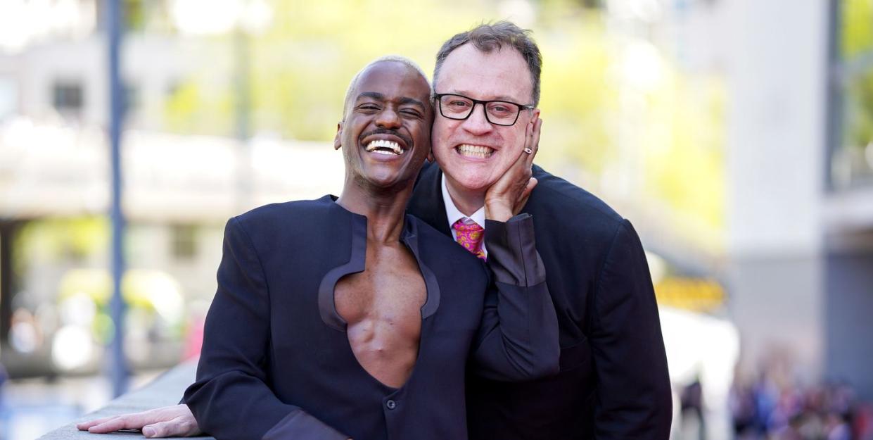doctor who star ncuti gatwa and showrunner russell t davies hug and smile at the baftas