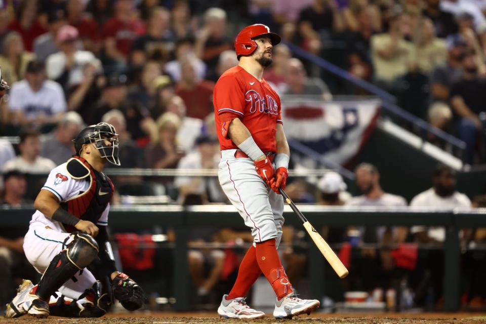 NLCS Game 5: Phillies left fielder Kyle Schwarber watches his home run against the Diamondbacks in the sixth inning.