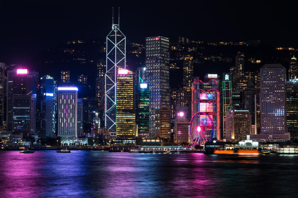Central Hong Kong skyline at night, in Hong Kong, China, on October 17, 2021. / Credit: Marc Fernandes/NurPhoto via Getty Images