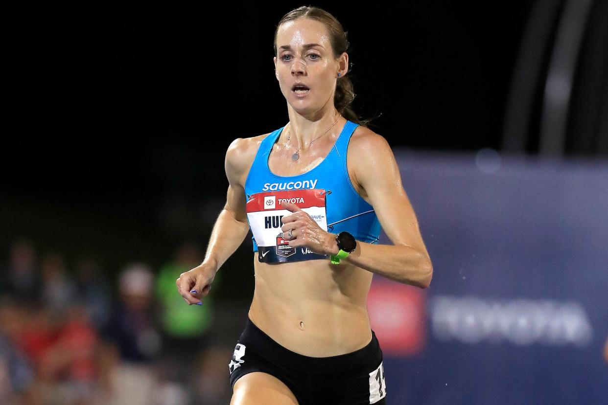 Molly Huddle runs to victory in the final of the 10,00 meter during the 2019 USATF Outdoor Championships at Drake Stadium on July 25, 2019 in Des Moines, Iowa.