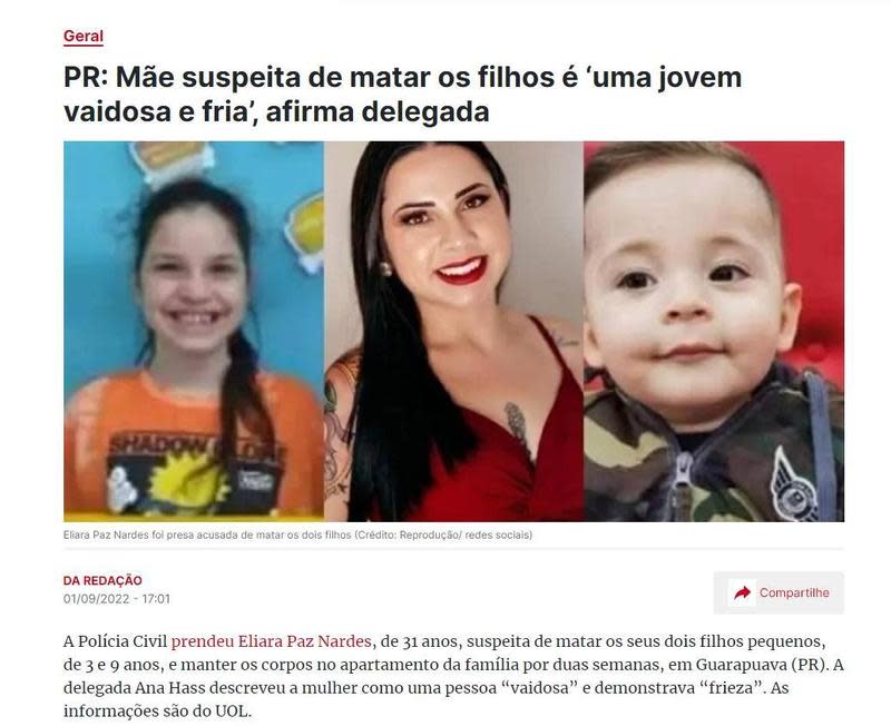 巴西驚傳單親媽媽無力單獨扶養小孩且情感上孤獨，前後殺害2名小孩後自首。（翻攝《istoe.com》） 