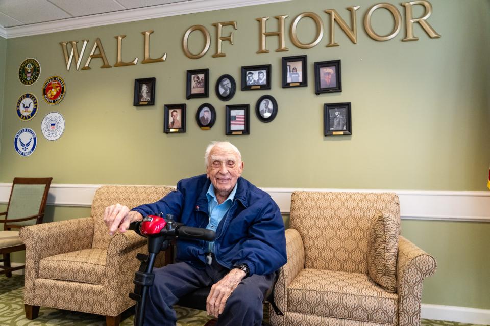 George Burson, who turns 103 on Memorial Day, talks about his experiences in War War II on Wednesday at the Brookdale Northwest Hills senior living center in Austin. Burson's B-17 was shot down over Germany, and he was a prisoner of war. He also served in the Korean War.