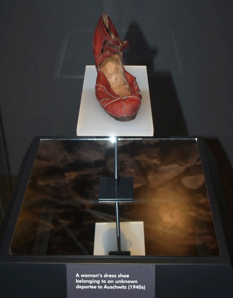 This shoe was worn by a woman who was sent to Auschwitz concentration camp in Poland. It is part of a long-awaited exhibit opening Friday in Simi Valley.