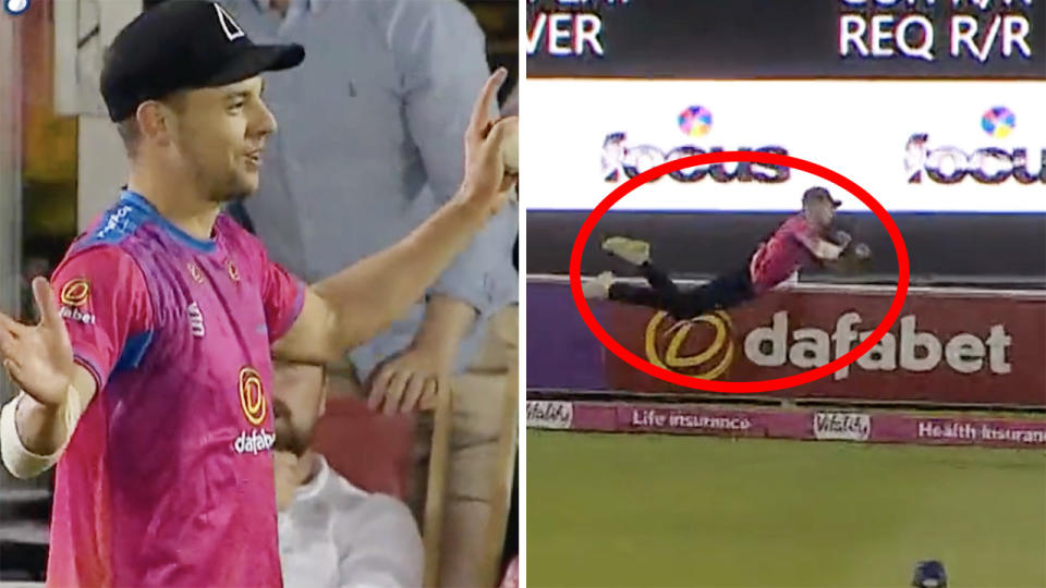 Brad Currie captured the attention of cricket fans the world over, courtesy of a sensational diving catch in England's T20 Blast competition. Pictures: Vitality T20 Blast