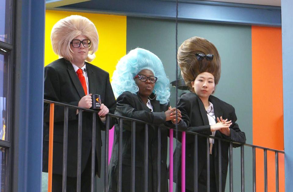 henry, yinrun and trish wearing big wigs, big brother day 4