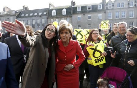 Scotland's First Minister Nicola Sturgeon campaigns at Castlegate, Aberdeen, Scotland, April 8, 2015. REUTERS/Russell Cheyne
