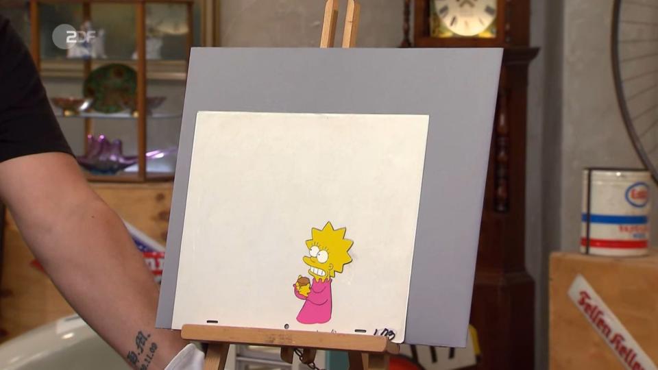 Außerdem wurde eine Animationsfolie der "Simpsons" mit Lisa Simpson aus der allerersten Staffel von 1989 angeboten, die zwar nicht selten, trotzdem 150 bis 200 Euro wert war. (Bild: ZDF)