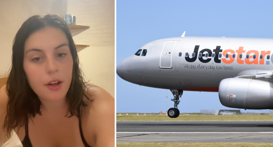 Left image of Ashleigh Baker talking about her Jetstar experience on TikTok. Right image of a Jetstar plane