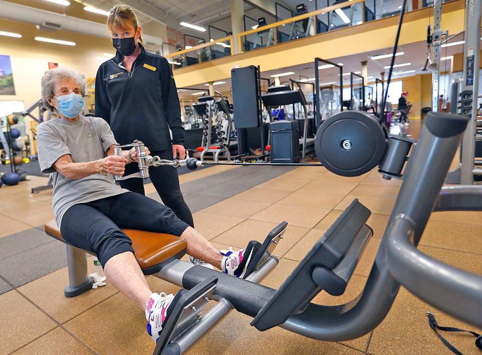 Josephine "Jo" Sharp, of Braintree, works out with trainer Michelle Fay at The Weymouth Club on Thursday, April 1, 2021.