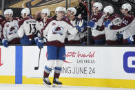 Colorado Avalanche defenseman Ryan Graves (27) celebrates after scoring against the Vegas Golden Knights during the second period of an NHL hockey game Wednesday, April 28, 2021, in Las Vegas. (AP Photo/John Locher)