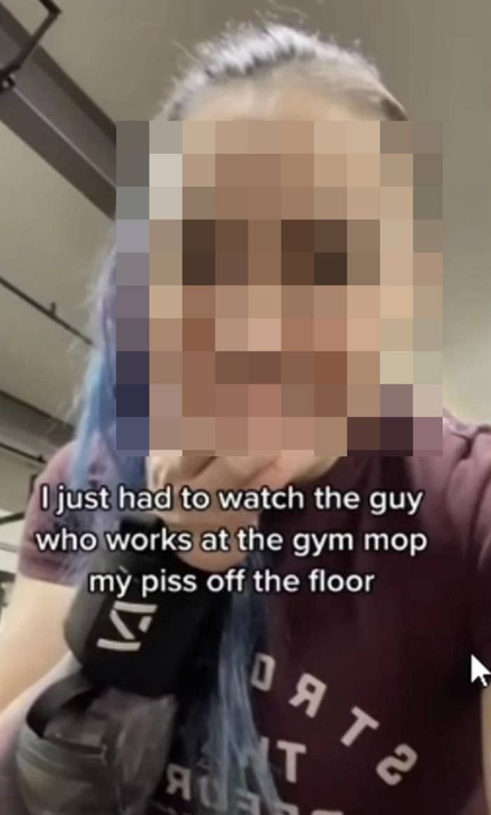 A blurred out face with text that reads, "I just had to watch the guy who works at the gym mop my piss off the floor"