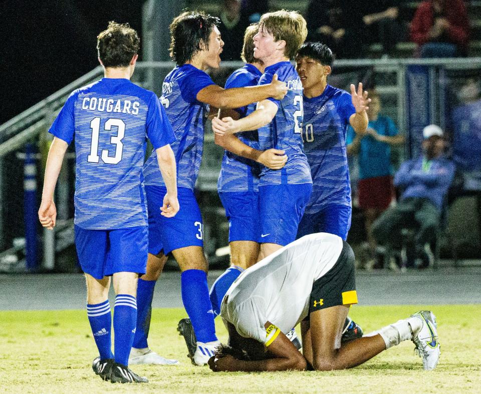 Canterbury School celebrates a 2-1 win over Bishop Verot in the Private 8 Championships at Canterbury on Thursday, Jan. 19, 2023.  