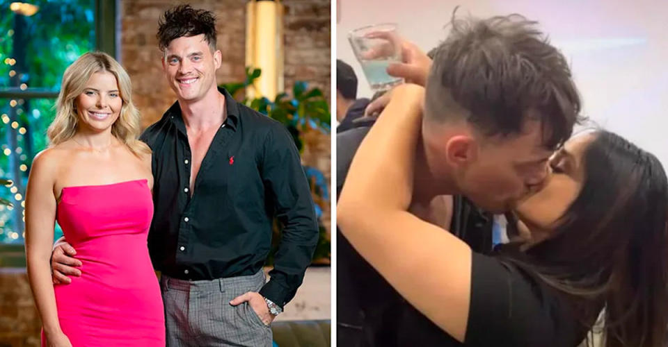 On the left, Olivia in a pink dress and Jackson in a black shirt on the set of MAFS. On the right, Jackson kissing Hannah Hughes in a nightclub. 