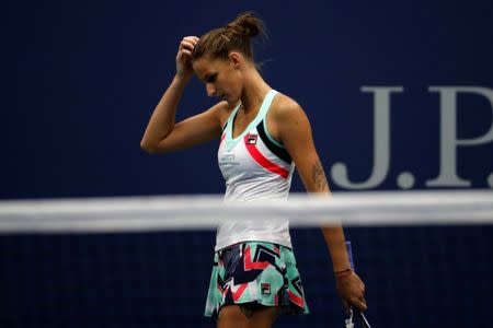 Tennis - US Open - Quarterfinals - New York, U.S. - September 6, 2017 - Karolina Pliskova of the Czech Republic reacts during loss to CoCo Vandeweghe of the United States. REUTERS/Mike Segar